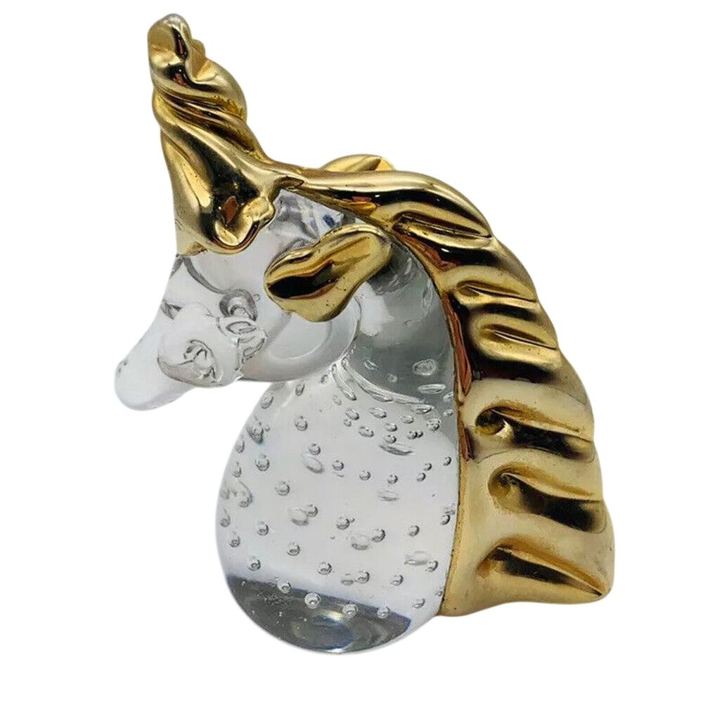 90s Vtg Glass Unicorn Paperweight gold Horn & mane art glass Figurine whimsical